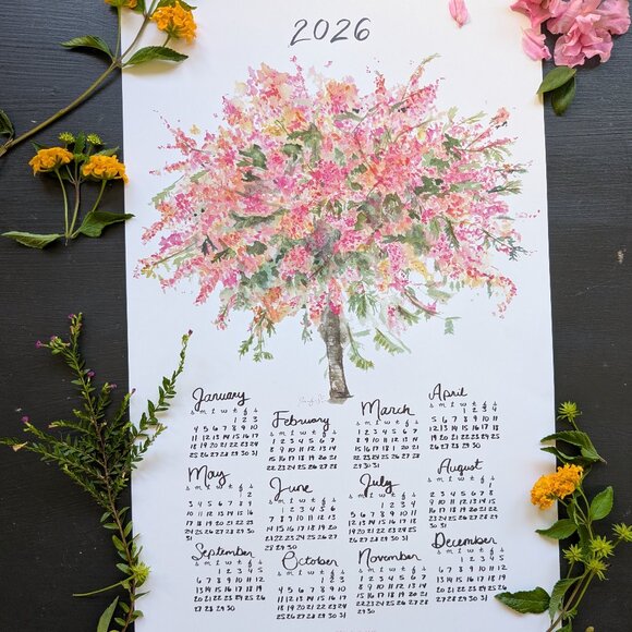 Watercolor Tree Calendar 2026: Rainbow Shower Art Print, Home Office Decor - Picture 2 of 7